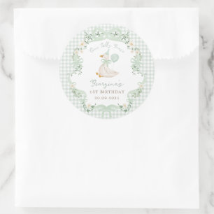 One Silly Goose Sage Green Gingham 1st Birthday Classic Round Sticker