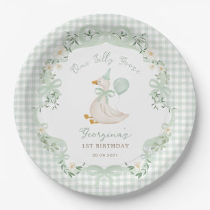 One Silly Goose Sage Green Gingham 1st Birthday Paper Plate