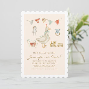 One Silly Goose Scalloped First Birthday Invitation