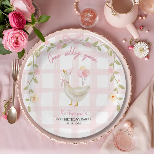 One Silly Goose Vintage Pink Duck 1st Birthday  Paper Plate
