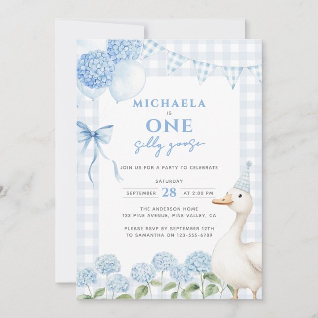 One Silly Goose Watercolor First Birthday Blue Invitation (Front)