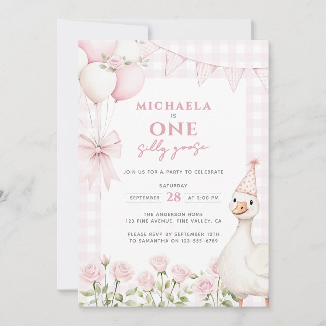 One Silly Goose Watercolor First Birthday Pink Invitation (Front)