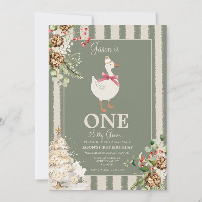 One Silly Goose Winter Greenery Pine 1st Birthday Invitation (Front)