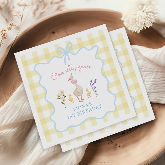 One Silly Goose Yellow Gingham 1st Birthday Napkin (Creator Uploaded)