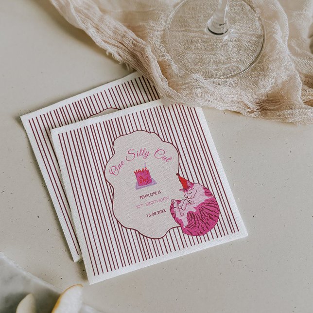 One Silly Pink Kitty 1st Birthday Napkin (Creator Uploaded)