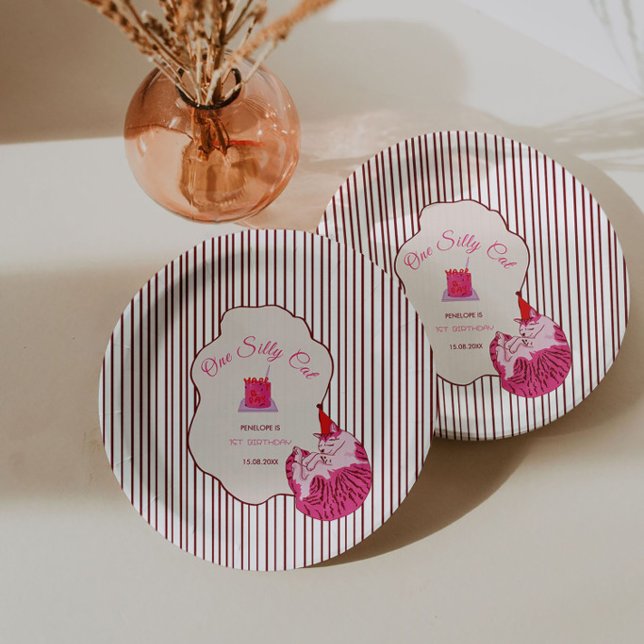 One Silly Pink Kitty 1st Birthday Paper Plate (Creator Uploaded)