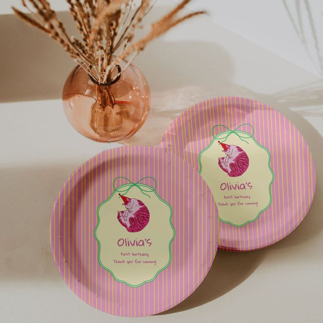One Sleepy Cat 1st Birthday – Yellow Stripes Paper Plate (Creator Uploaded)