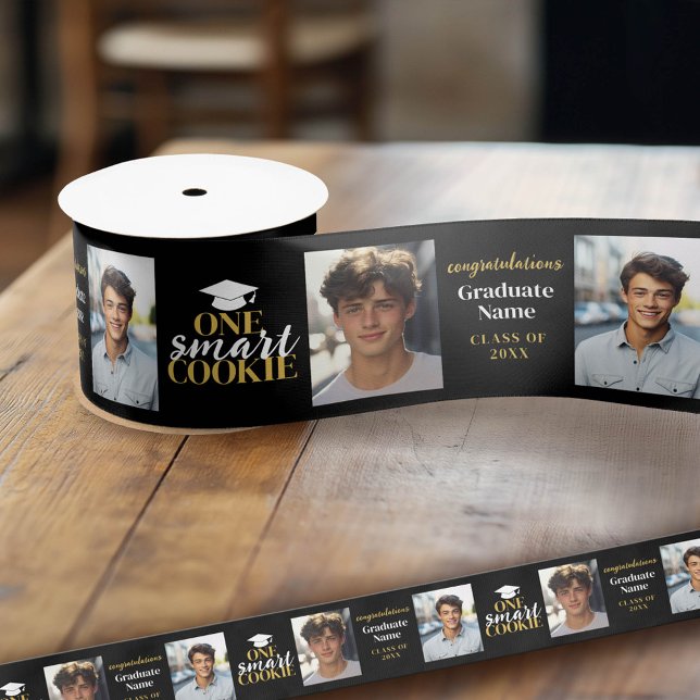 One Smart Cookie - Black Gold - Graduation 2 Photo Satin Ribbon (Custom Graduation Ribbon)