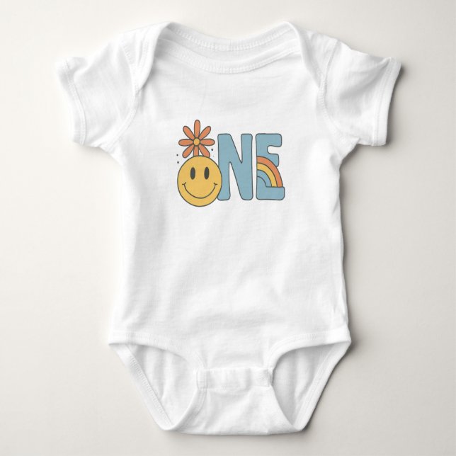 ONE – Smiley Face & Rainbow 1st Birthday Outfit Baby Bodysuit (Front)
