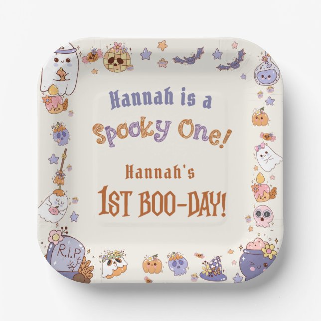One Spooky Babe Cute Halloween Ghost 1st Birthday Paper Plate (Front)