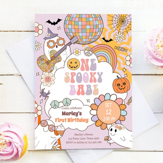 One Spooky Babe Retro Halloween First Birthday Invitation (Creator Uploaded)