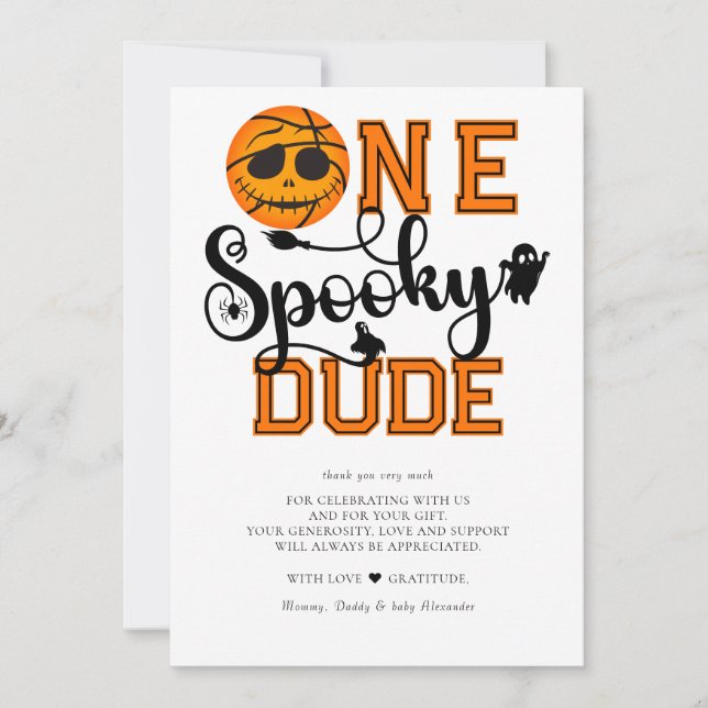 One Spooky Dude Basketball Boys Rad Kids Birthday Thank You Card (Front)