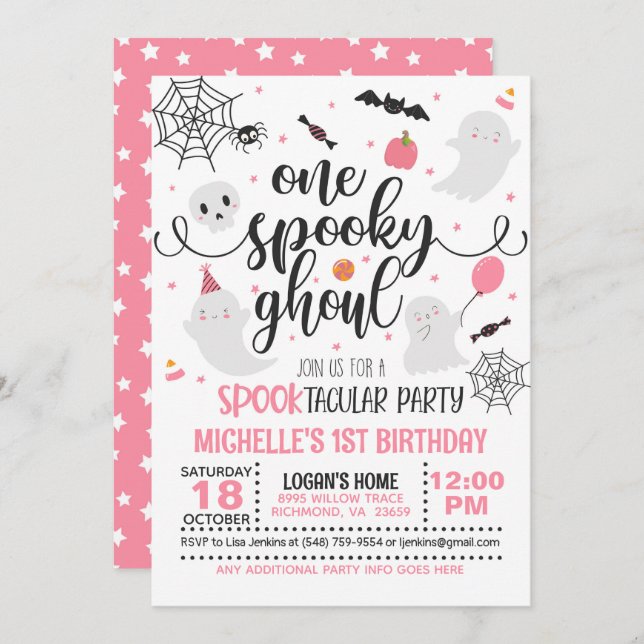 One Spooky Ghoul Birthday Invitation - Girl (Wh/P) (Front/Back)