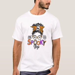 One Spooky Gigi Skull Messy Bun Leopard Halloween T-Shirt