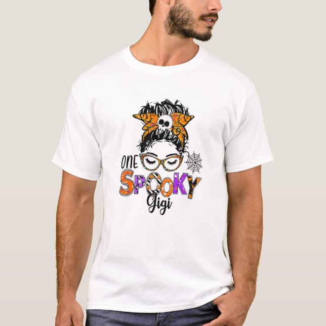 One Spooky Gigi Skull Messy Bun Leopard Halloween T-Shirt (Front)