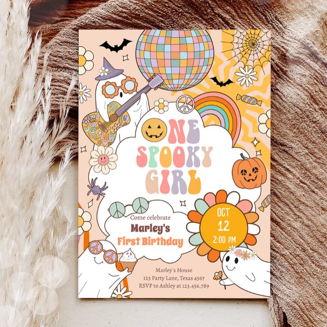 One Spooky Girl Retro Halloween First Birthday Invitation (Creator Uploaded)