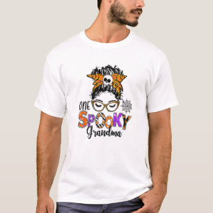One Spooky Grandma Skull Messy Bun Leopard Hallowe T-Shirt