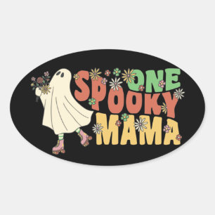 One Spooky Mama Groovy Ghost With Vintage Flowers Oval Sticker