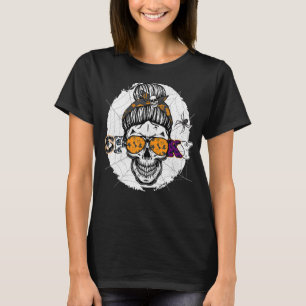 One Spooky Mama Halloween Messy Bun Skull Spider T-Shirt