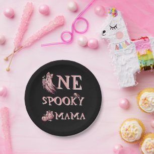 One Spooky Mama Vintage Pink Coffee Ghost Paper Plate