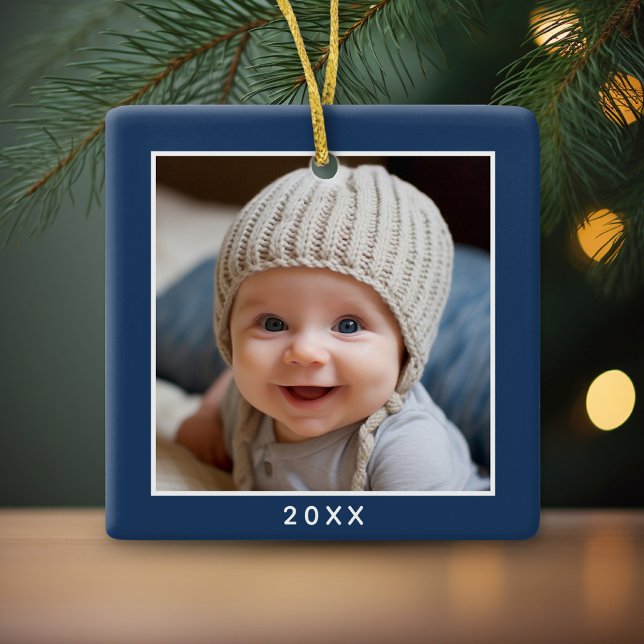 One Square Photo plus Year - minimal navy border Ceramic Ornament (Cute and Modern, Minimalist Ornament for a Baby Boy. Add Your Photo!)