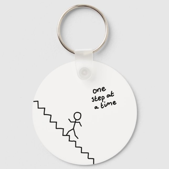 "one step at a time" stick man on stairs keychain (Front)