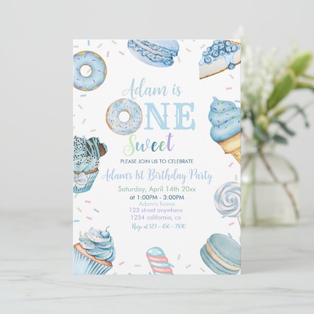 One Sweet Boy Doughnut Blue Dessert 1st Birthday  Invitation (Standing Front)