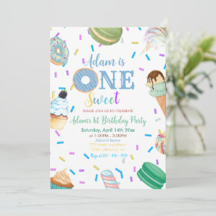 One Sweet Boy Doughnut Blue Dessert 1st Birthday  Invitation