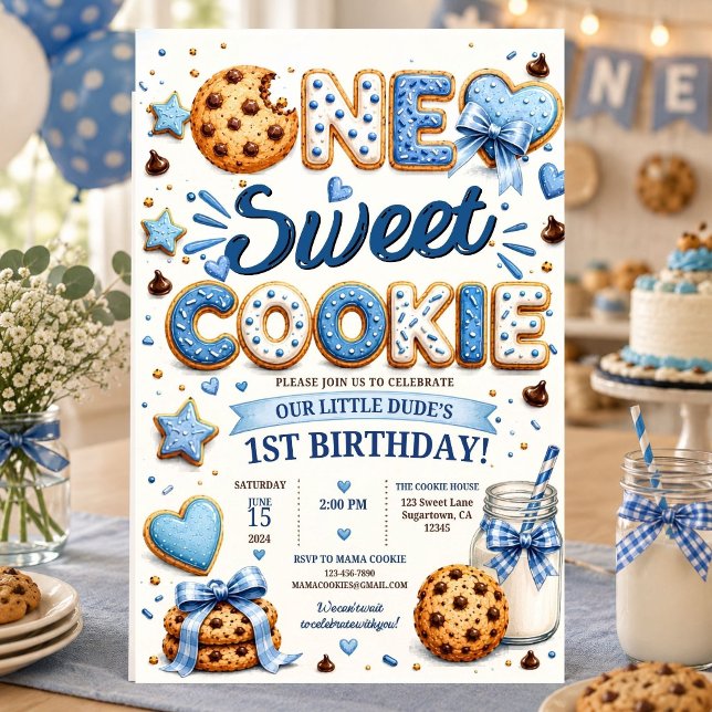 One Sweet Cookie Boy First Birthday Blue  Invitation (Creator Uploaded)