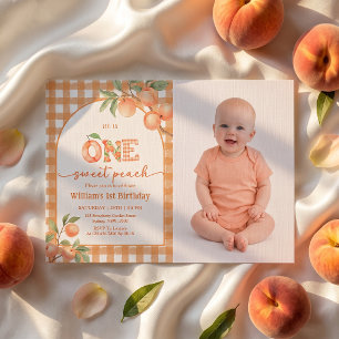One Sweet Gingham Peach Boy Birthday Invitation