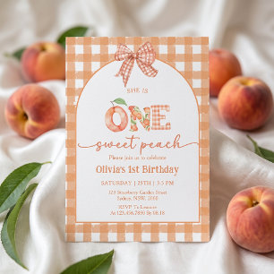 One Sweet Gingham Peach Girl Birthday Invitation