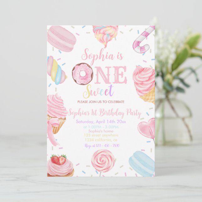 One Sweet Girl Doughnut pastel Pink 1st Birthday I Invitation (Standing Front)