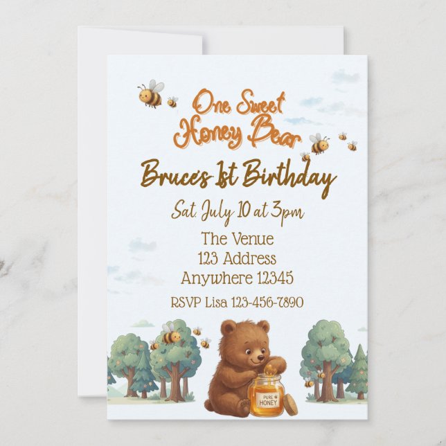 One Sweet Honey Bear, 1st Birthday Invitation (Front)