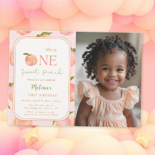 One Sweet Peach 1st Birthday Photo Invitation