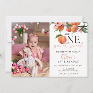 One Sweet Peach 1st Birthday Photo Invitation