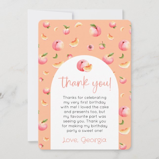 One Sweet Peach 1st Birthday Photo Thank You Card (Front)