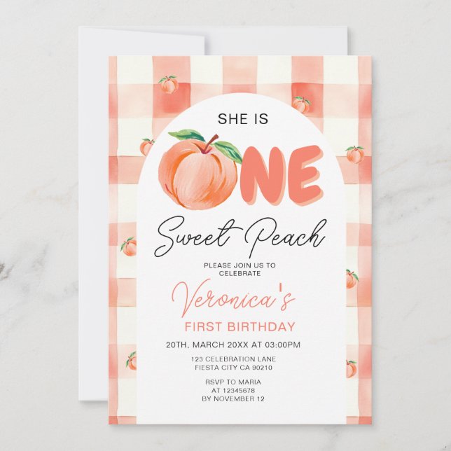 One Sweet Peach Birthday Party Boho Gingham  Invitation (Front)