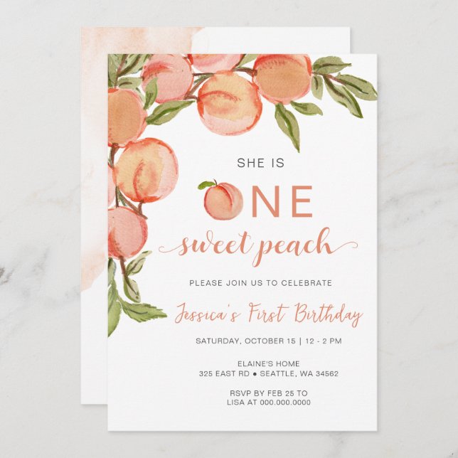One Sweet Peach First Birthday Invitation (Front/Back)