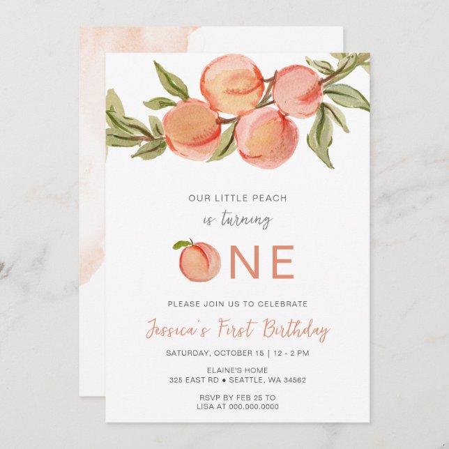 One Sweet Peach First Birthday Invitation (Front/Back)