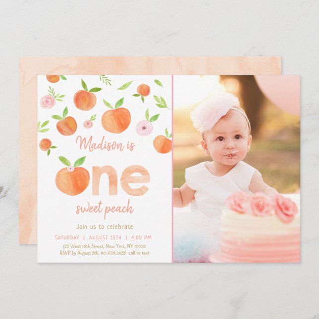 One Sweet Peach First Birthday Invitation (Front/Back)