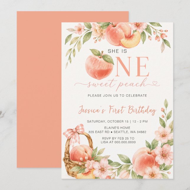 One Sweet Peach First Birthday Invitation (Front/Back)