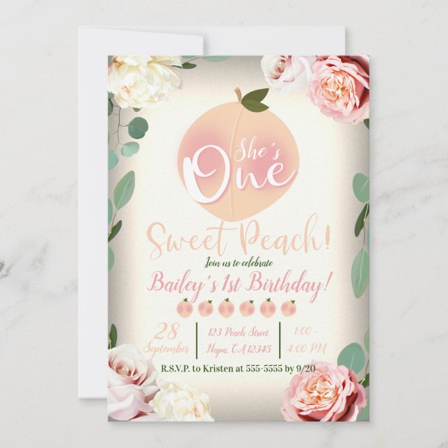 ONE SWEET PEACH Floral 1st Birthday Party Invitation (Front)
