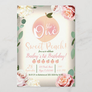 ONE SWEET PEACH Floral 1st Birthday Party Invitation