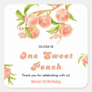 One Sweet Peach Fruit 1st Birthday Thank You  Square Sticker