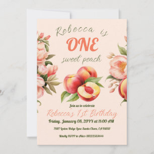 ONE Sweet Peach Girl Summer Floral 1st Birthday Invitation