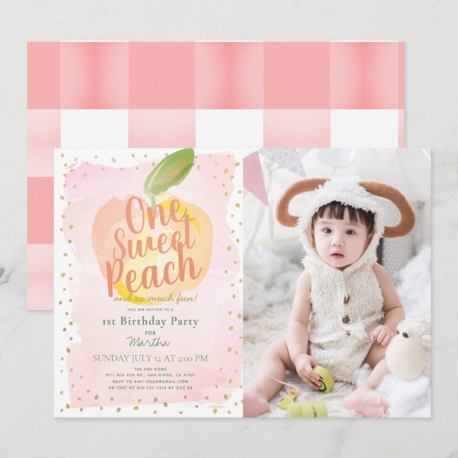 One Sweet Peach Pink Girl Photo 1st Birthday Invitation (Front/Back)