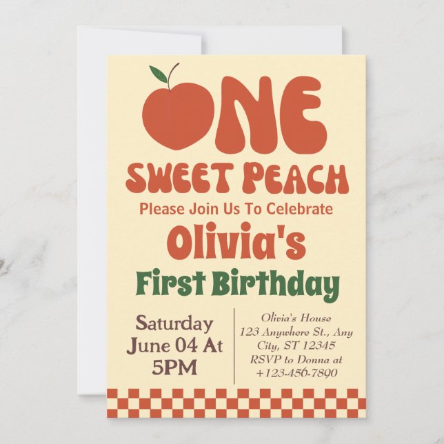 One Sweet Peach- Retro Peach 1st Birthday  Invitation (Front)