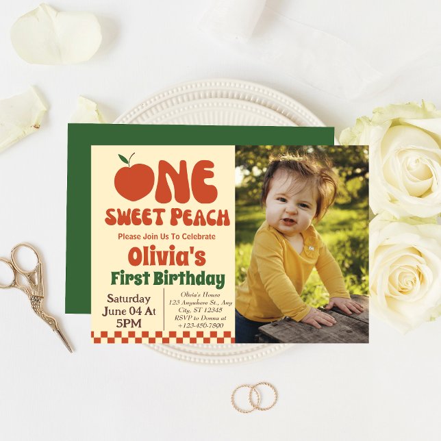 One Sweet Peach- Retro Peach 1st Birthday Photo Invitation (Creator Uploaded)