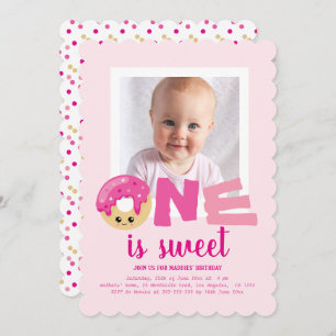 One sweet Photo Pink Doughnut Baby First Birthday Invitation