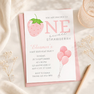 One Sweet Strawberry First Birthday Watercolor Invitation